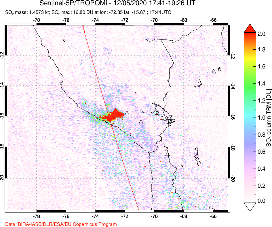 A sulfur dioxide image over Peru on Dec 05, 2020.