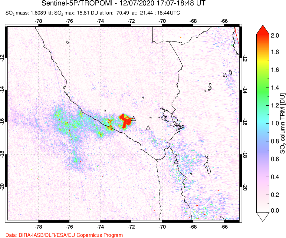A sulfur dioxide image over Peru on Dec 07, 2020.