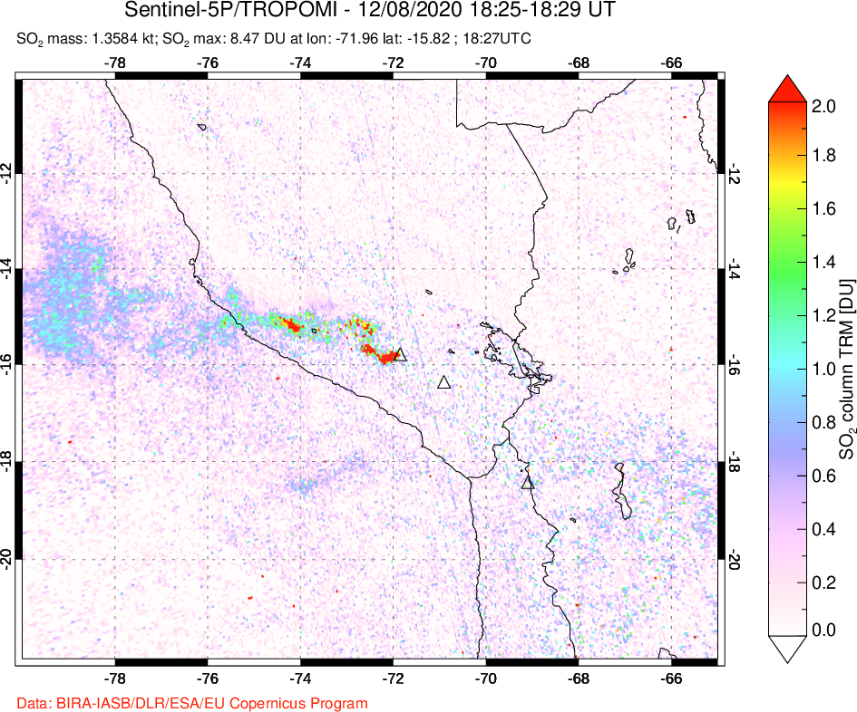 A sulfur dioxide image over Peru on Dec 08, 2020.