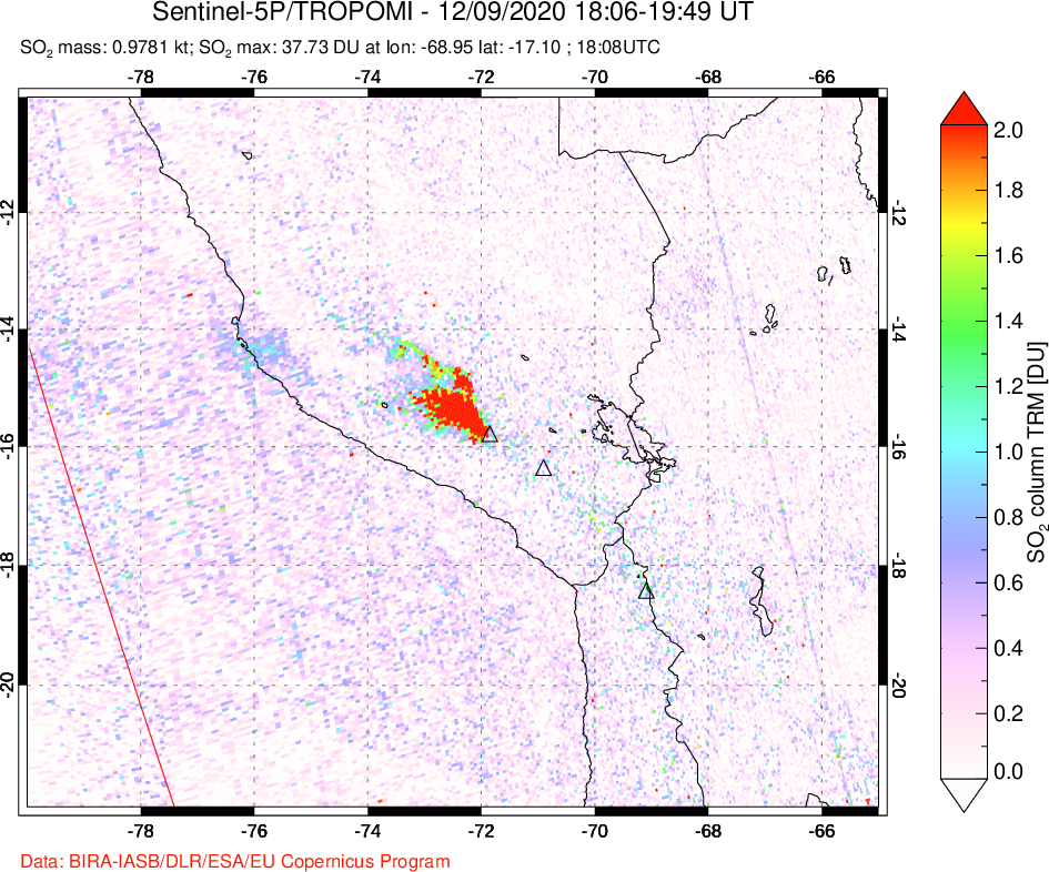 A sulfur dioxide image over Peru on Dec 09, 2020.