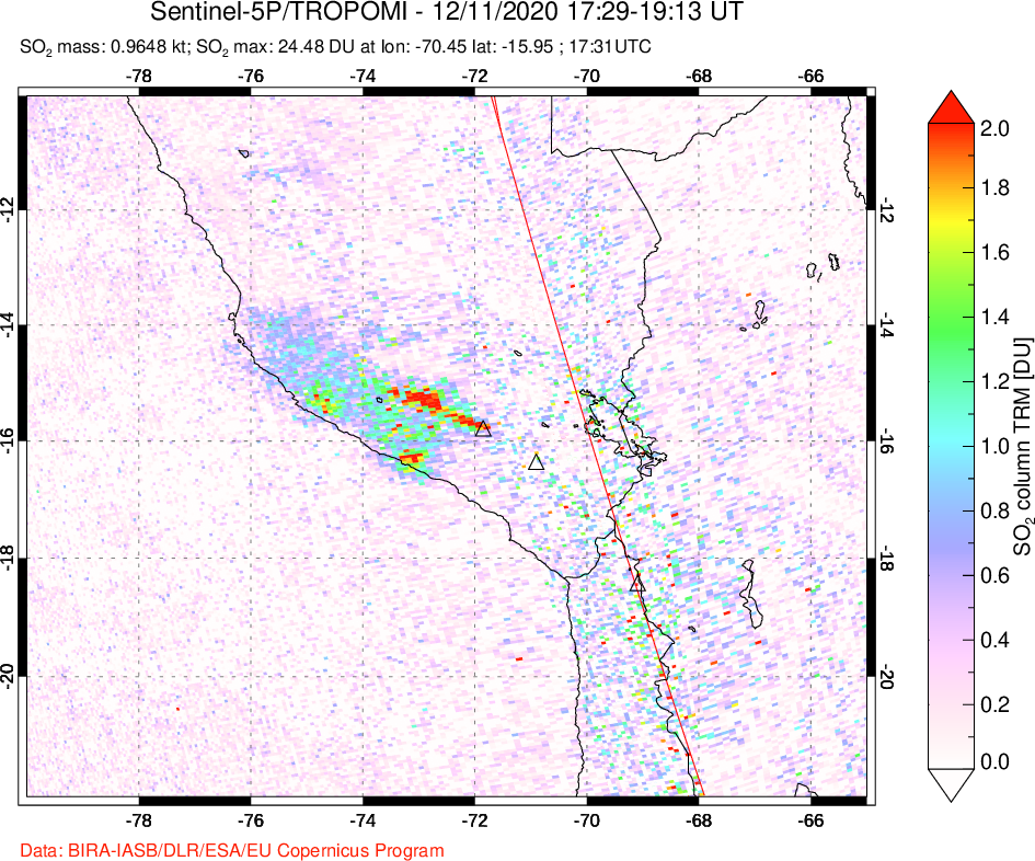 A sulfur dioxide image over Peru on Dec 11, 2020.