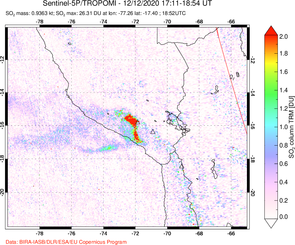 A sulfur dioxide image over Peru on Dec 12, 2020.