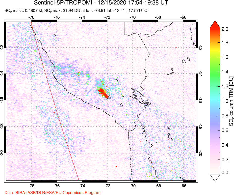 A sulfur dioxide image over Peru on Dec 15, 2020.