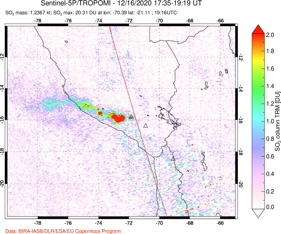 A sulfur dioxide image over Peru on Dec 16, 2020.
