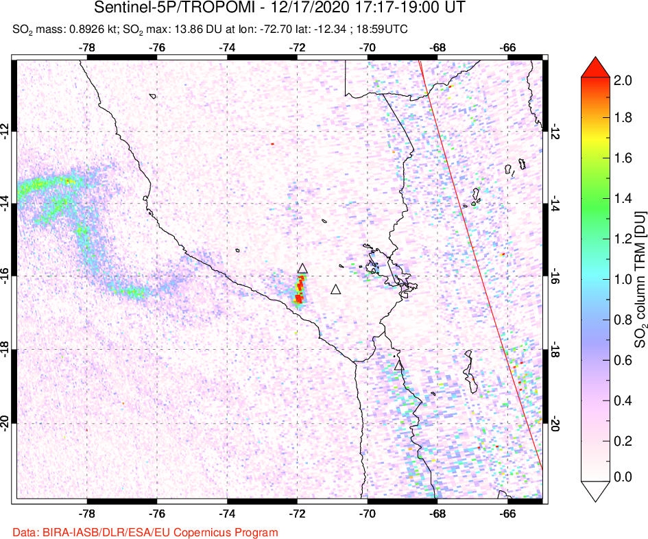 A sulfur dioxide image over Peru on Dec 17, 2020.