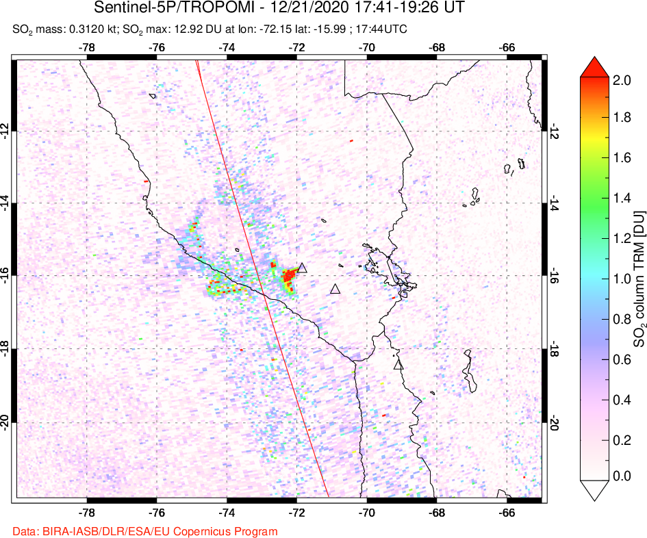A sulfur dioxide image over Peru on Dec 21, 2020.