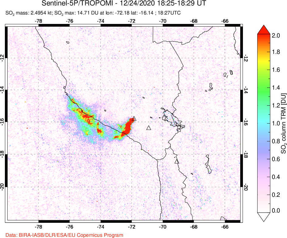 A sulfur dioxide image over Peru on Dec 24, 2020.