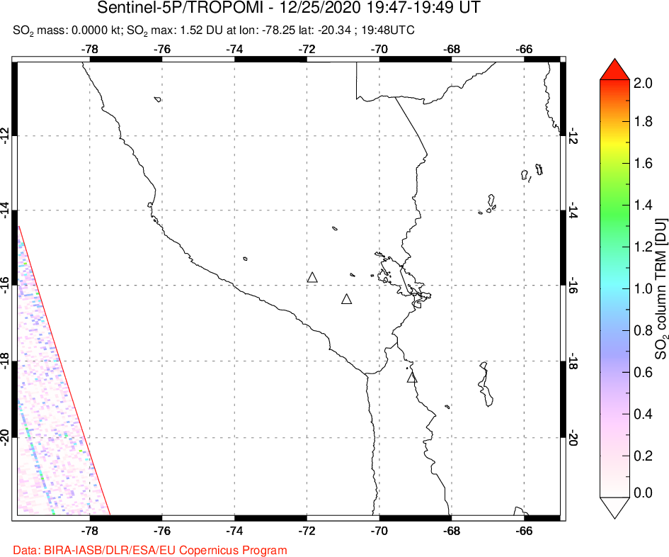 A sulfur dioxide image over Peru on Dec 25, 2020.