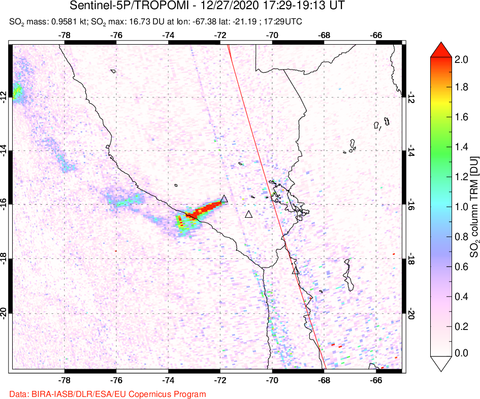 A sulfur dioxide image over Peru on Dec 27, 2020.