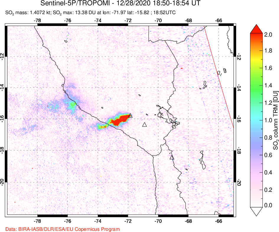 A sulfur dioxide image over Peru on Dec 28, 2020.