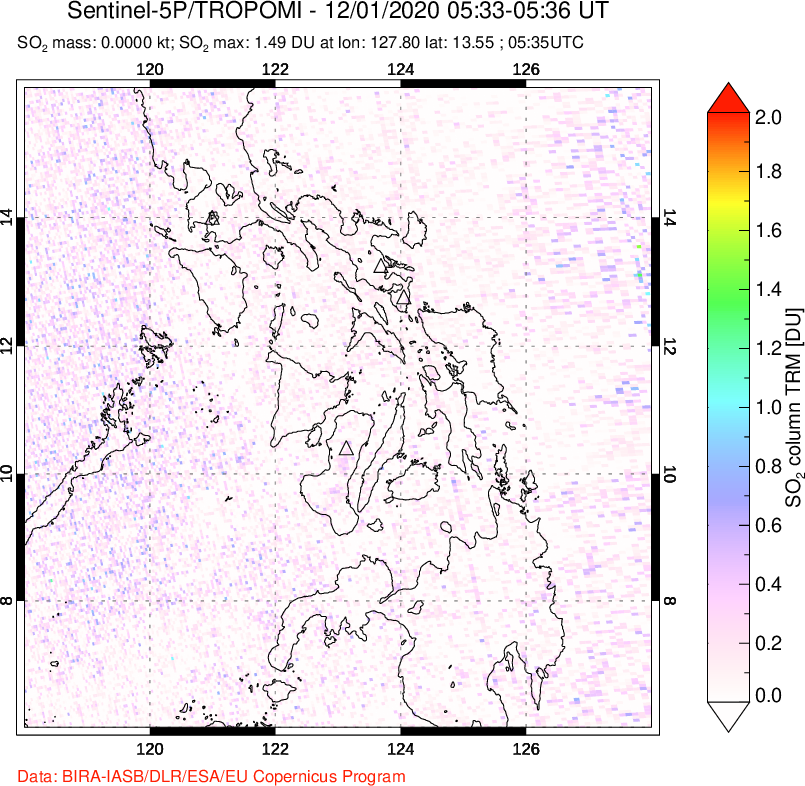 A sulfur dioxide image over Philippines on Dec 01, 2020.