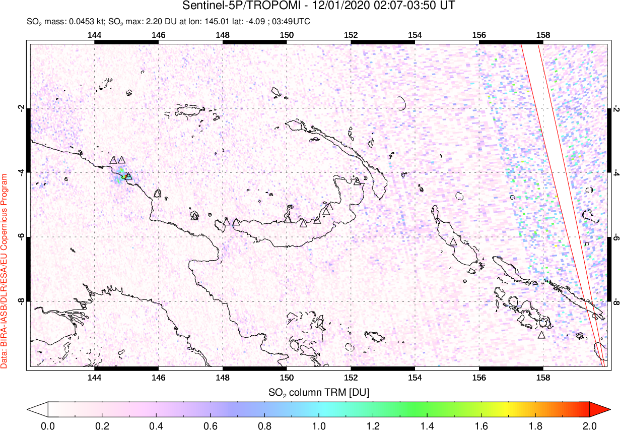 A sulfur dioxide image over Papua, New Guinea on Dec 01, 2020.