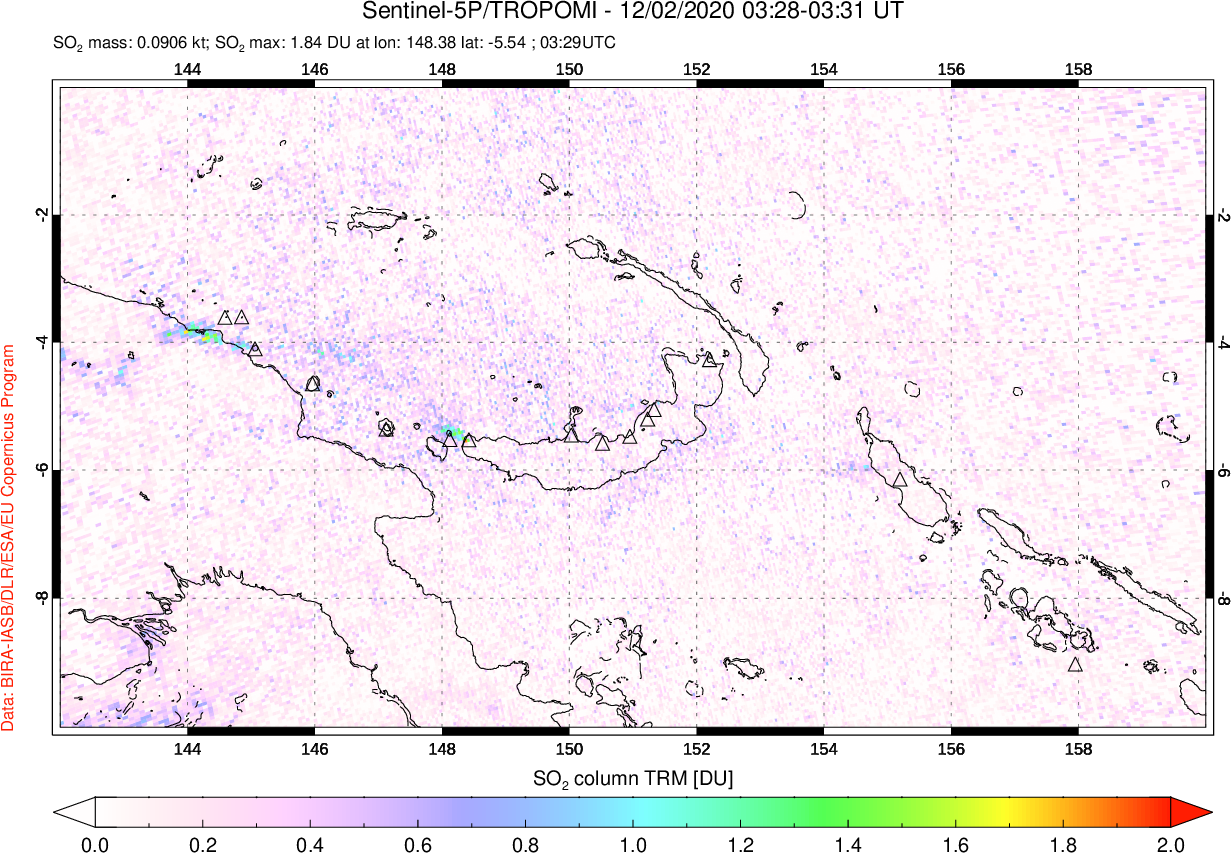 A sulfur dioxide image over Papua, New Guinea on Dec 02, 2020.
