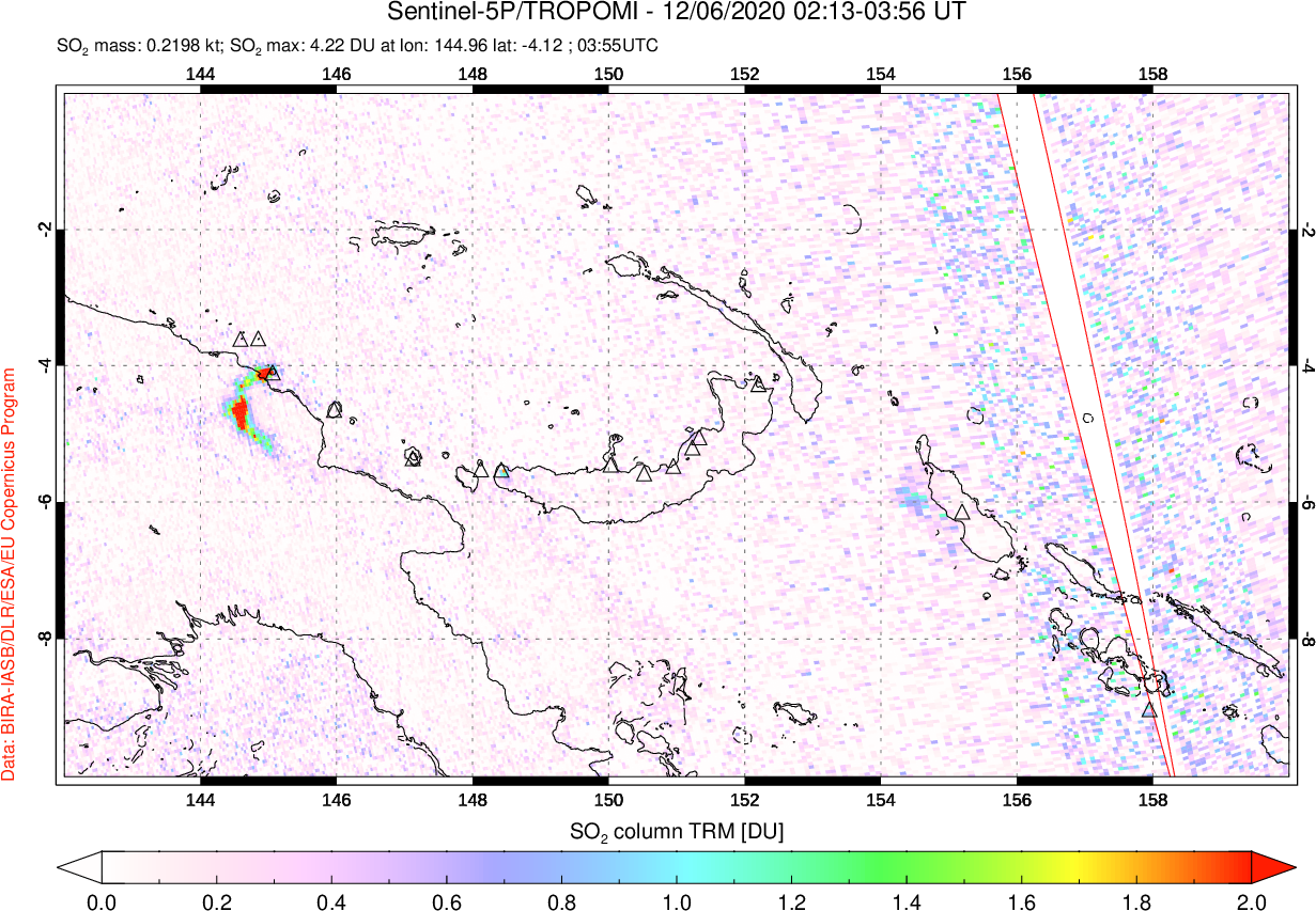 A sulfur dioxide image over Papua, New Guinea on Dec 06, 2020.