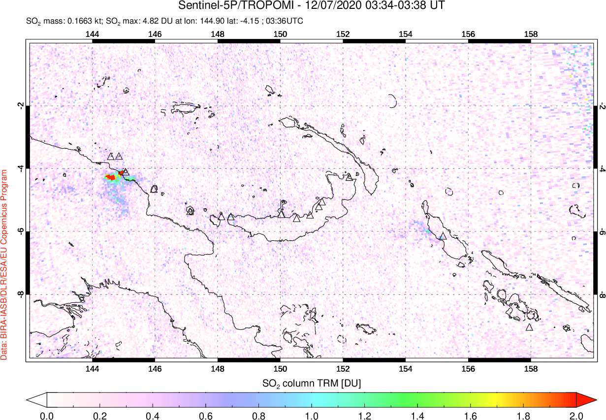 A sulfur dioxide image over Papua, New Guinea on Dec 07, 2020.