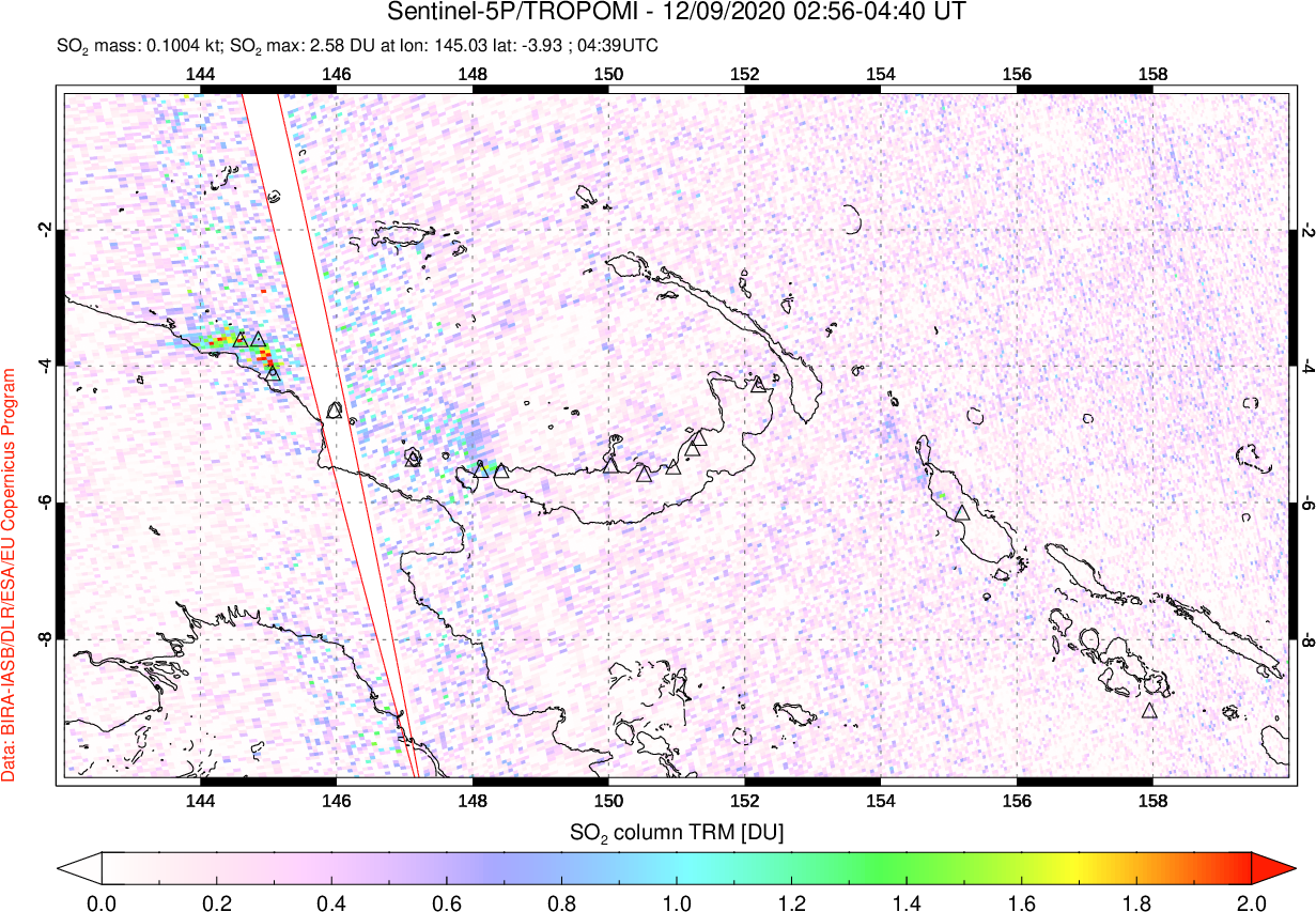 A sulfur dioxide image over Papua, New Guinea on Dec 09, 2020.