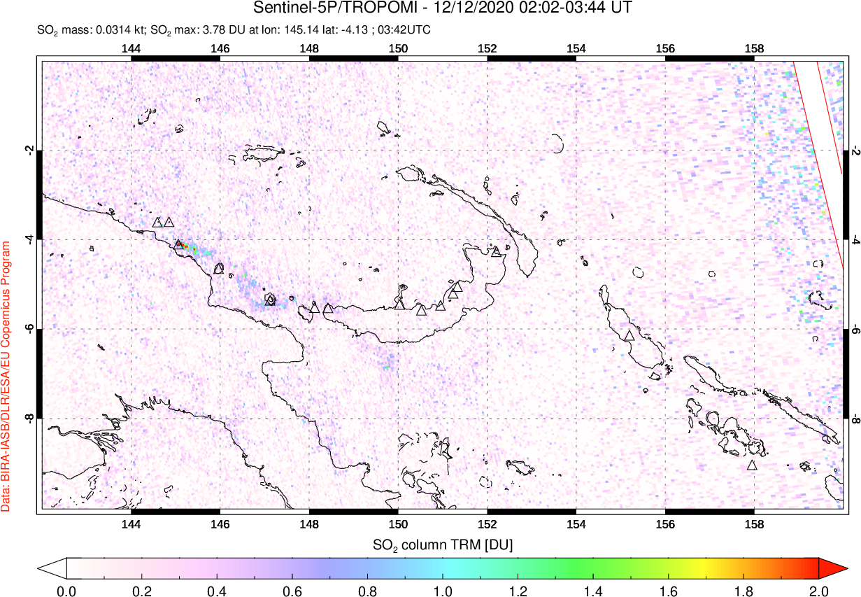 A sulfur dioxide image over Papua, New Guinea on Dec 12, 2020.