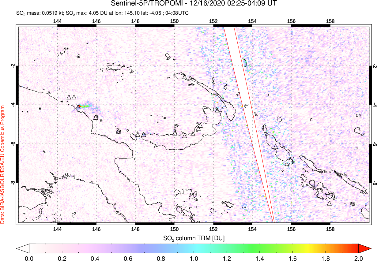 A sulfur dioxide image over Papua, New Guinea on Dec 16, 2020.