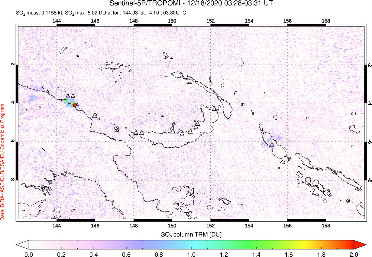 A sulfur dioxide image over Papua, New Guinea on Dec 18, 2020.