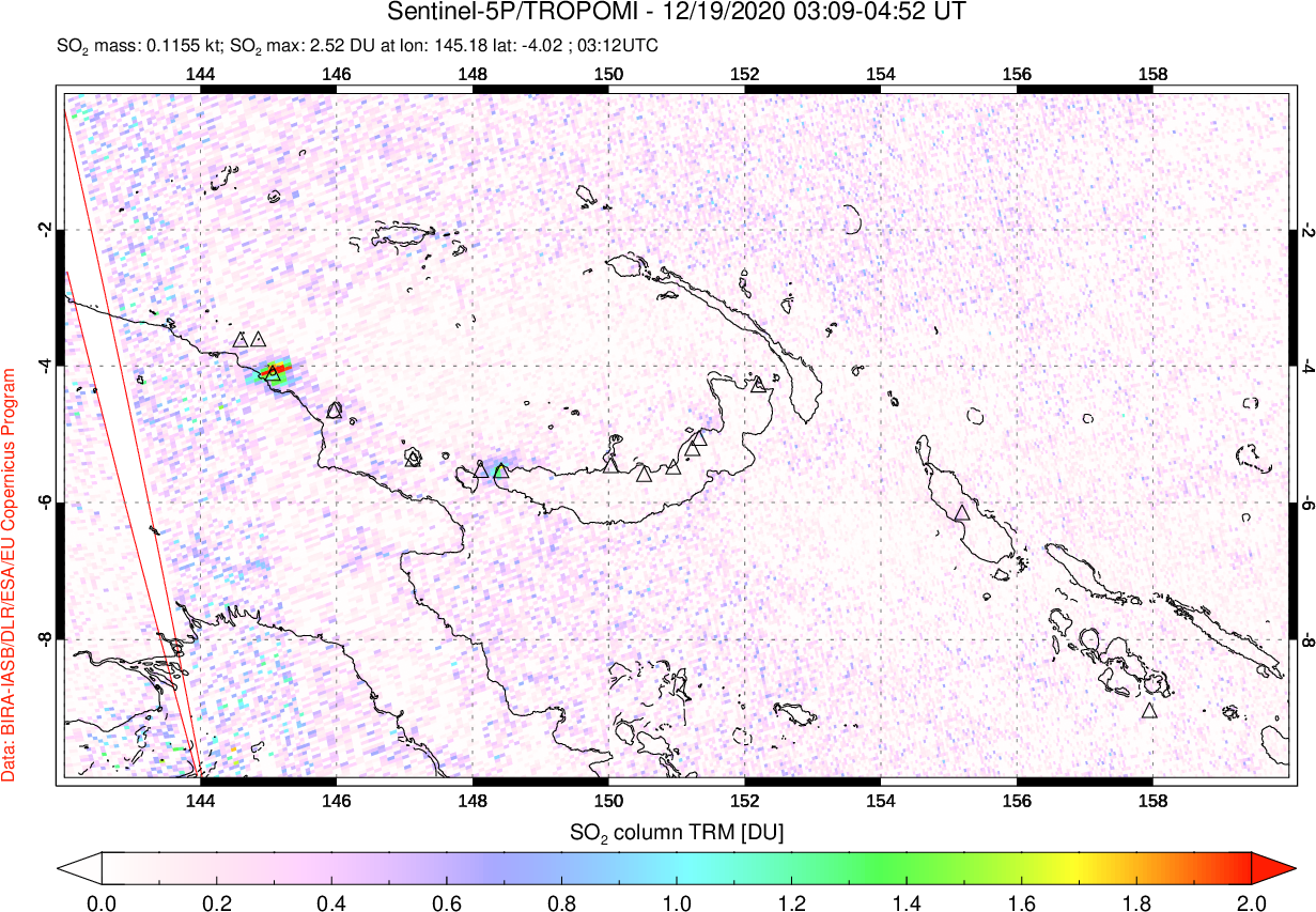 A sulfur dioxide image over Papua, New Guinea on Dec 19, 2020.