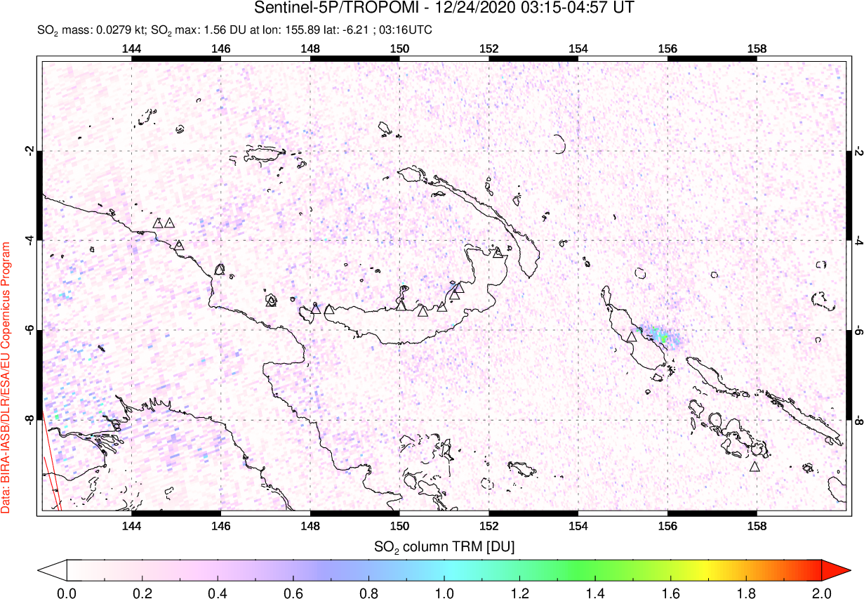 A sulfur dioxide image over Papua, New Guinea on Dec 24, 2020.