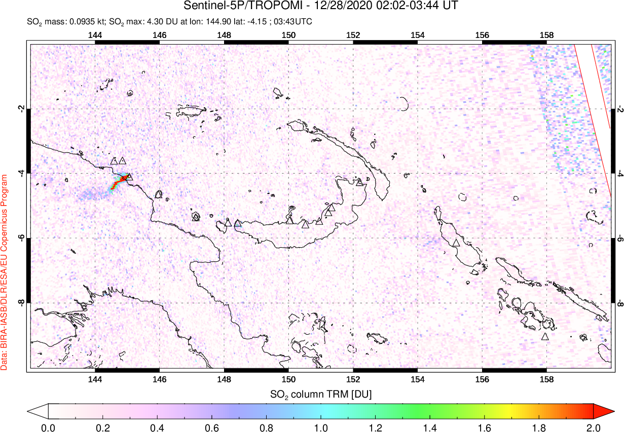 A sulfur dioxide image over Papua, New Guinea on Dec 28, 2020.