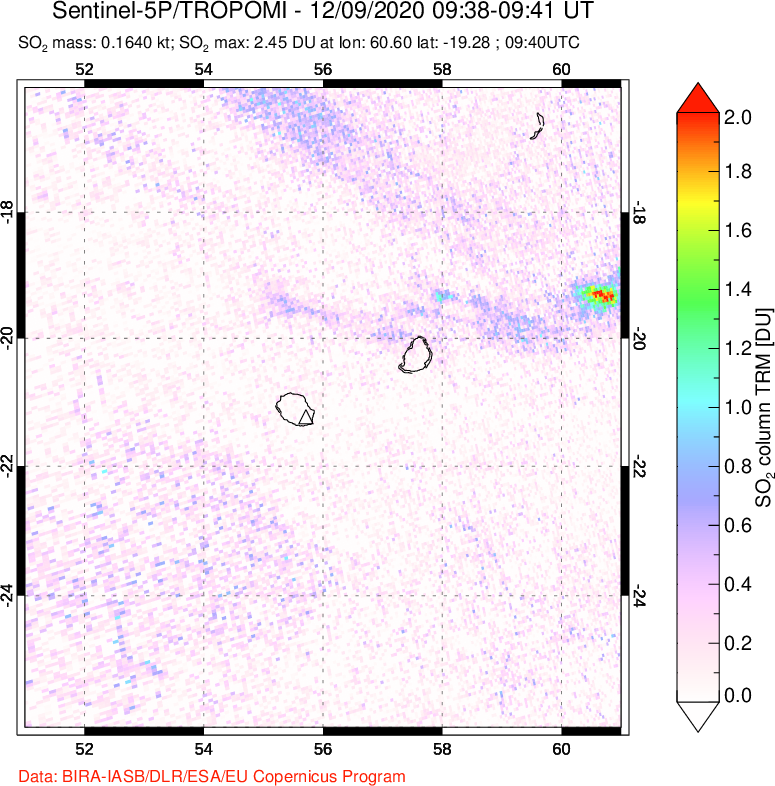 A sulfur dioxide image over Reunion Island, Indian Ocean on Dec 09, 2020.