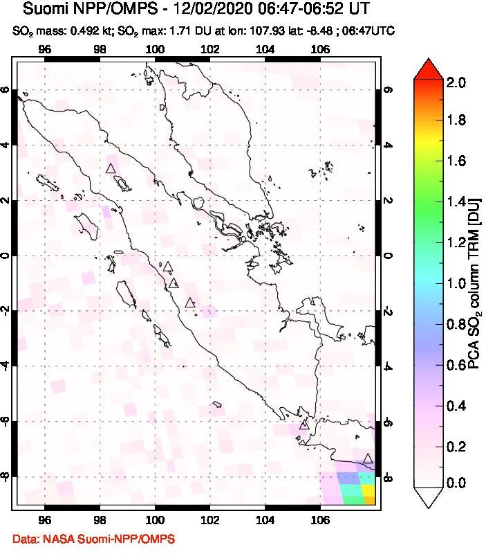 A sulfur dioxide image over Sumatra, Indonesia on Dec 02, 2020.