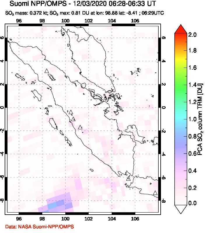 A sulfur dioxide image over Sumatra, Indonesia on Dec 03, 2020.