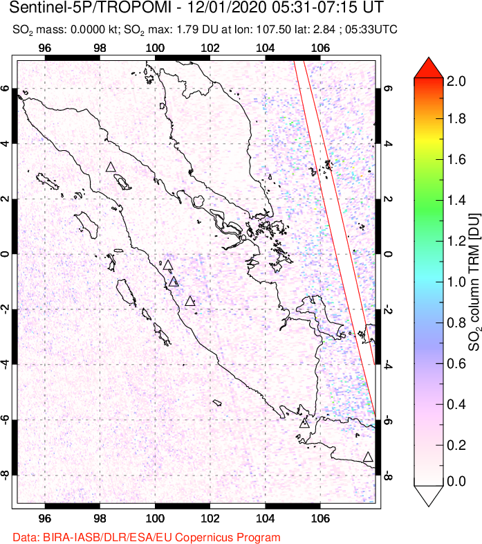A sulfur dioxide image over Sumatra, Indonesia on Dec 01, 2020.