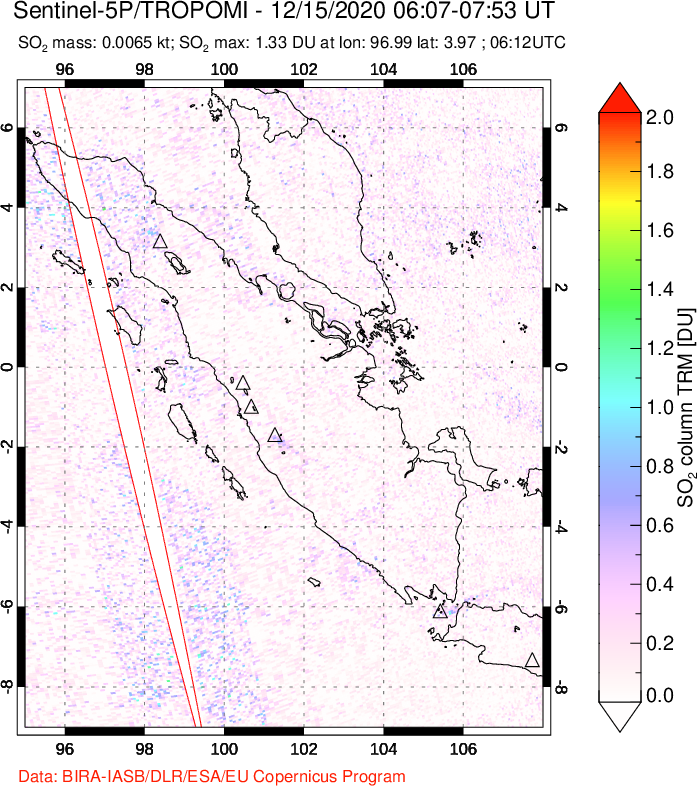 A sulfur dioxide image over Sumatra, Indonesia on Dec 15, 2020.