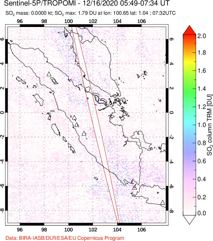 A sulfur dioxide image over Sumatra, Indonesia on Dec 16, 2020.