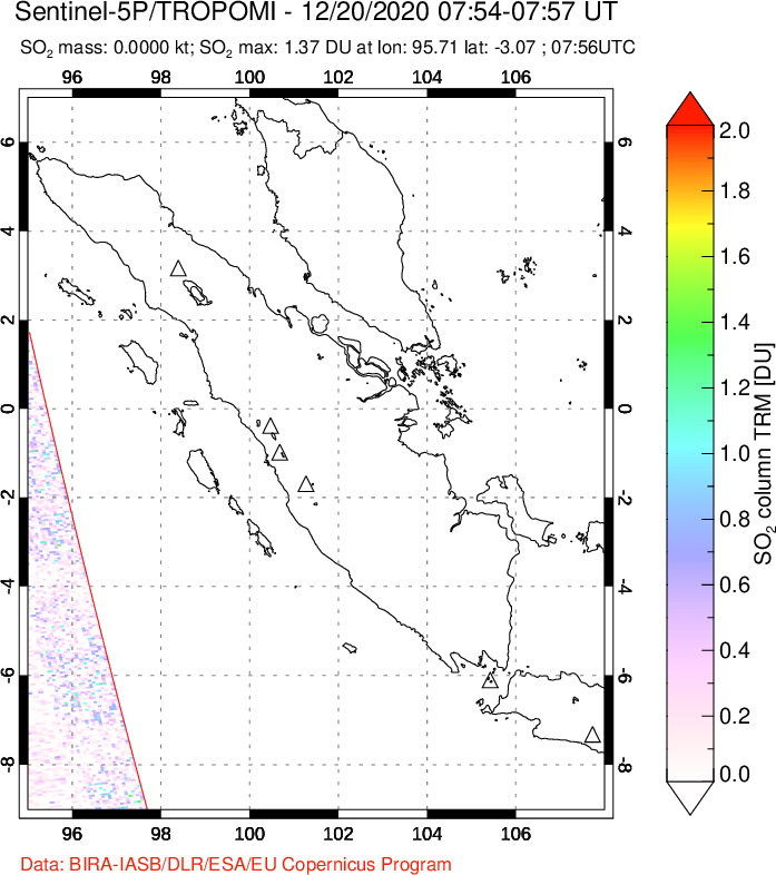 A sulfur dioxide image over Sumatra, Indonesia on Dec 20, 2020.