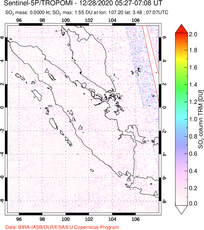 A sulfur dioxide image over Sumatra, Indonesia on Dec 28, 2020.
