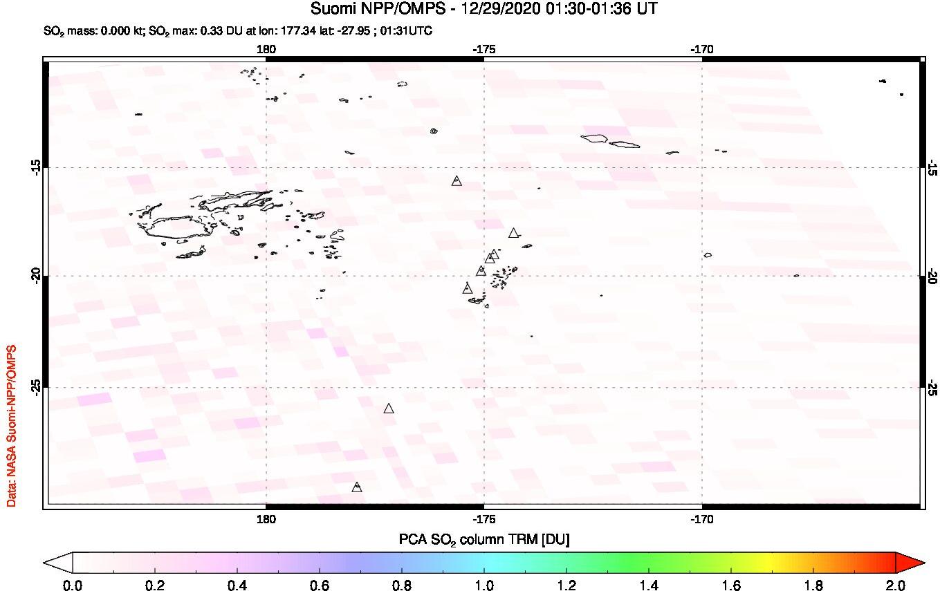 A sulfur dioxide image over Tonga, South Pacific on Dec 29, 2020.