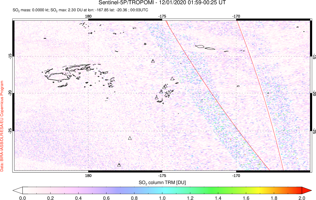 A sulfur dioxide image over Tonga, South Pacific on Dec 01, 2020.