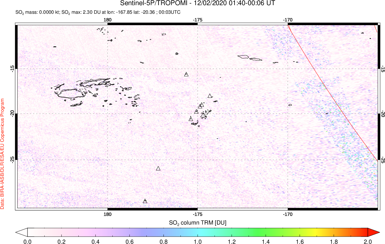A sulfur dioxide image over Tonga, South Pacific on Dec 02, 2020.