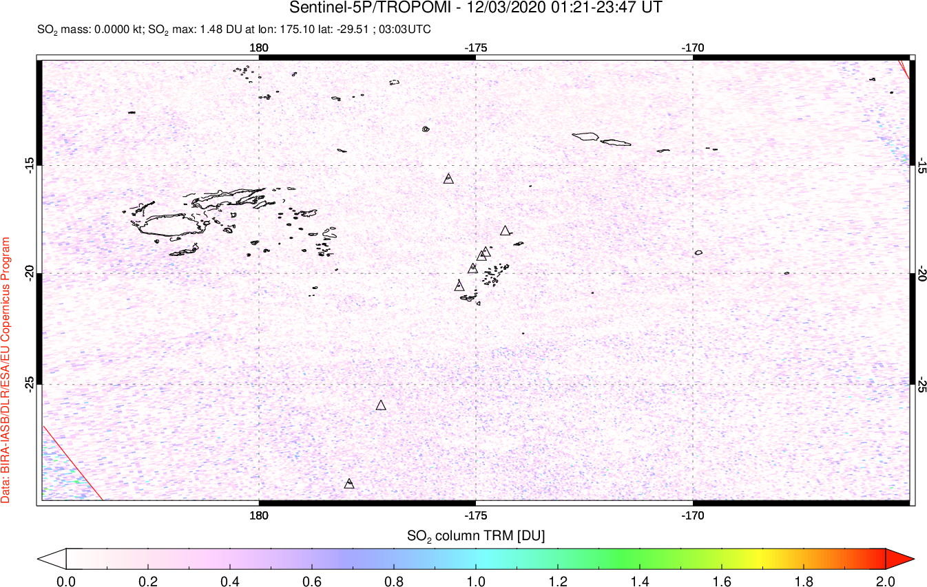 A sulfur dioxide image over Tonga, South Pacific on Dec 03, 2020.