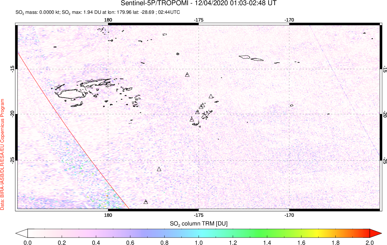A sulfur dioxide image over Tonga, South Pacific on Dec 04, 2020.