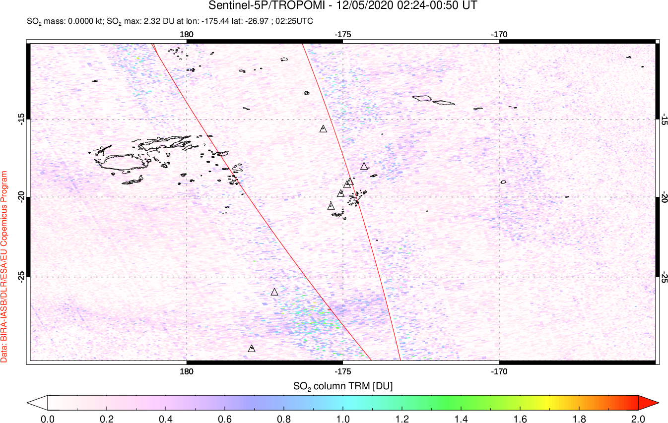 A sulfur dioxide image over Tonga, South Pacific on Dec 05, 2020.