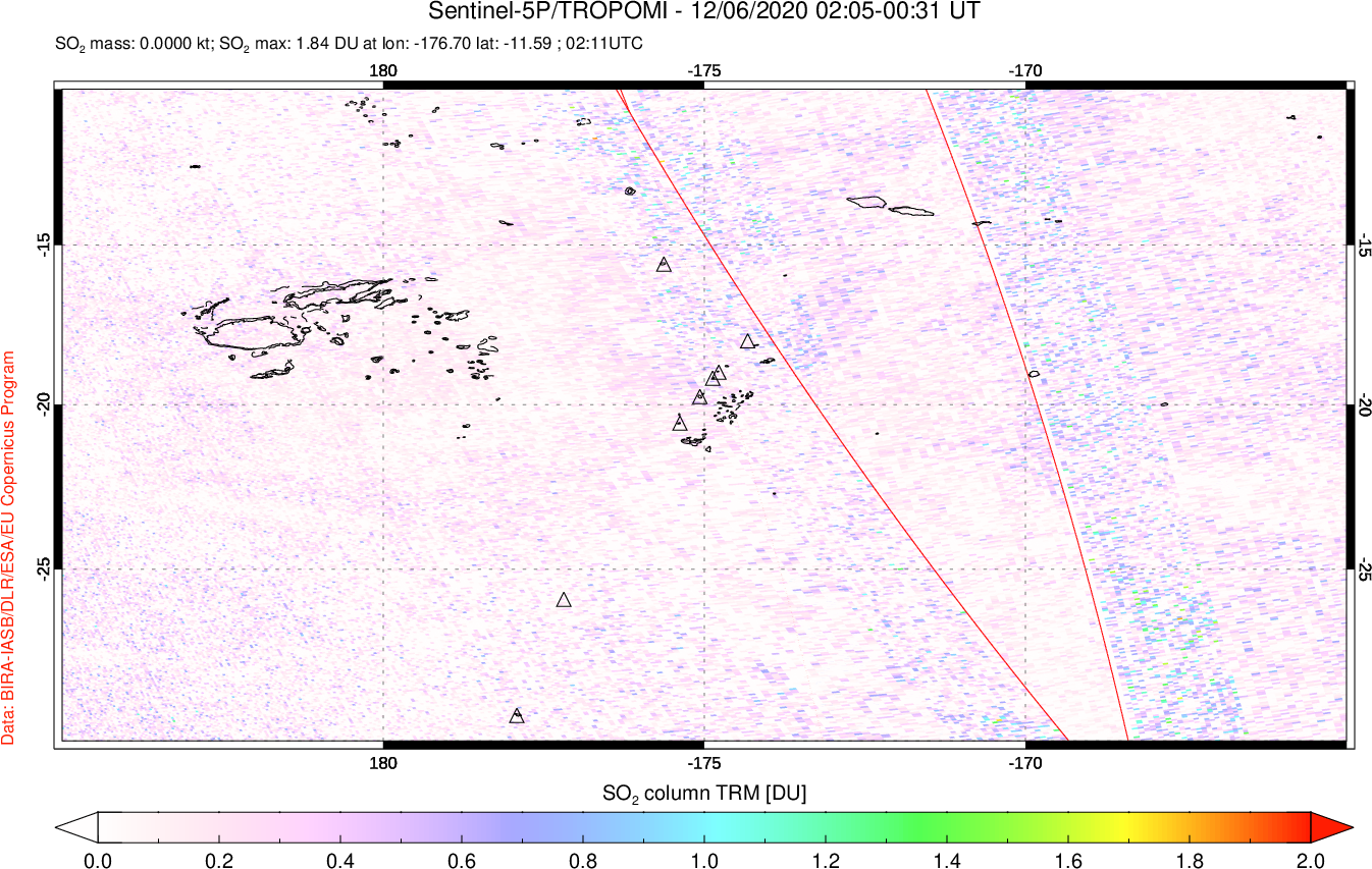A sulfur dioxide image over Tonga, South Pacific on Dec 06, 2020.