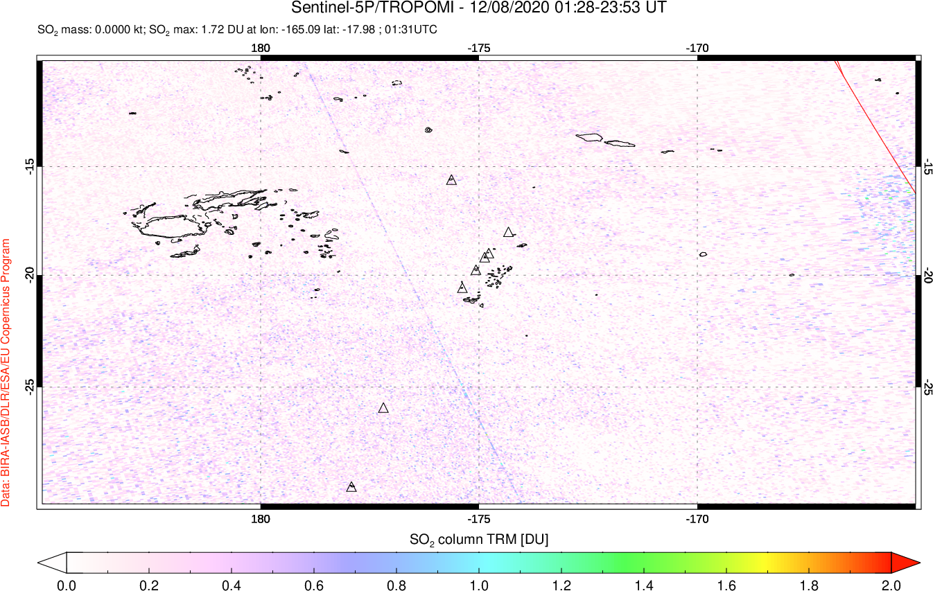 A sulfur dioxide image over Tonga, South Pacific on Dec 08, 2020.