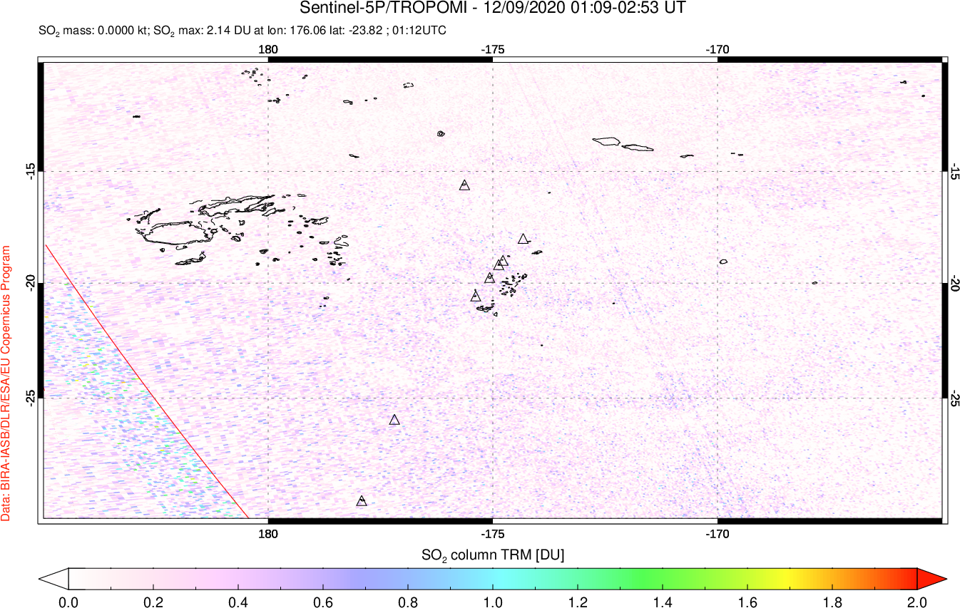 A sulfur dioxide image over Tonga, South Pacific on Dec 09, 2020.