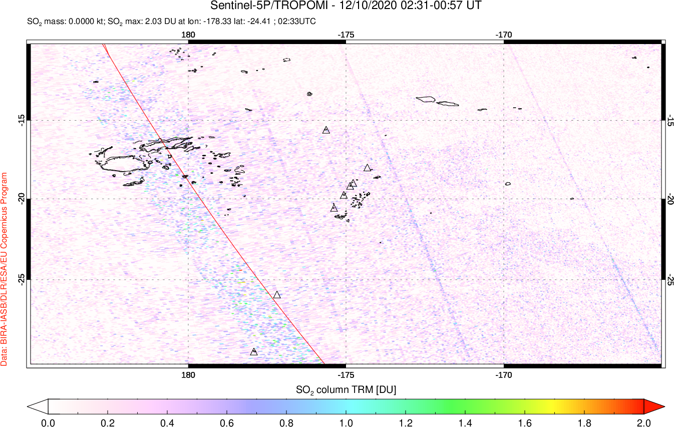 A sulfur dioxide image over Tonga, South Pacific on Dec 10, 2020.