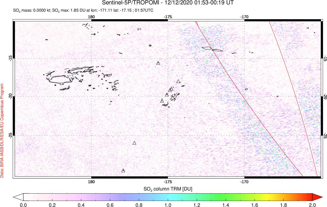 A sulfur dioxide image over Tonga, South Pacific on Dec 12, 2020.