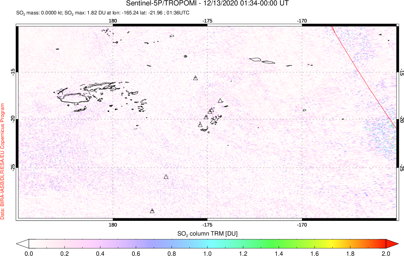 A sulfur dioxide image over Tonga, South Pacific on Dec 13, 2020.