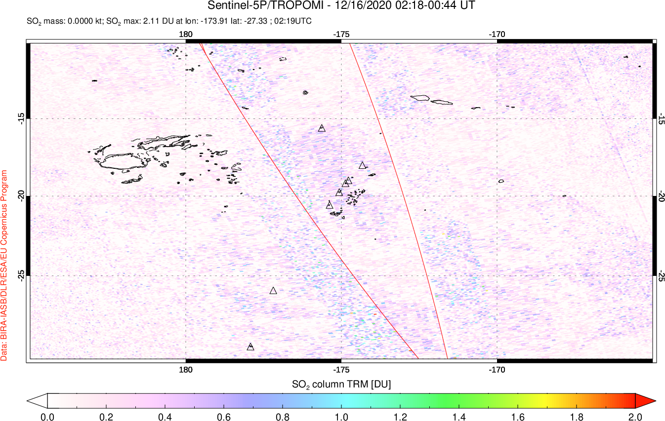 A sulfur dioxide image over Tonga, South Pacific on Dec 16, 2020.