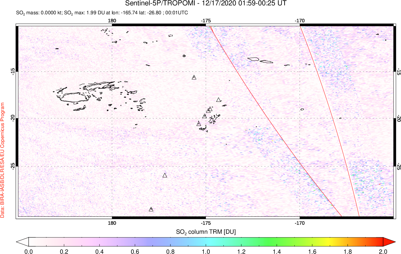 A sulfur dioxide image over Tonga, South Pacific on Dec 17, 2020.