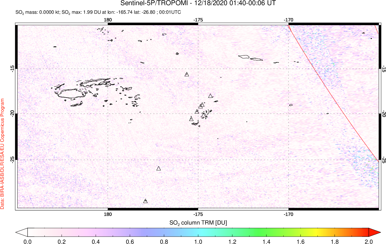 A sulfur dioxide image over Tonga, South Pacific on Dec 18, 2020.