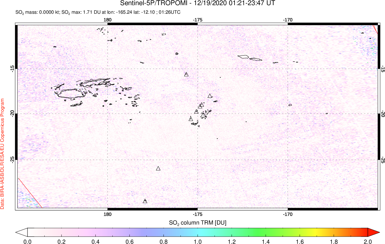A sulfur dioxide image over Tonga, South Pacific on Dec 19, 2020.